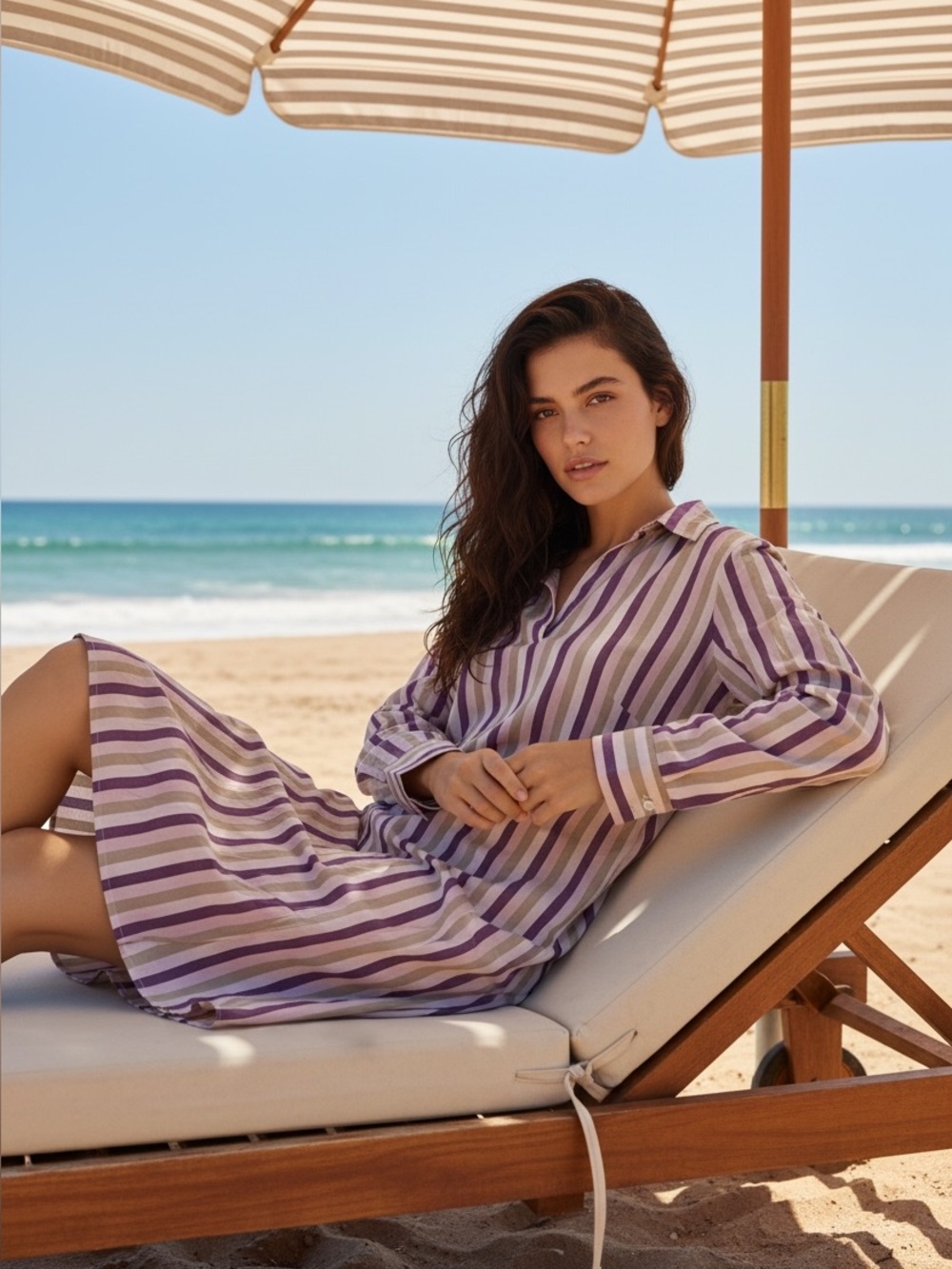 Pour Les Femmes, Striped Collared Cotton Sleep Dress, Lounge, or Beach Cover Up